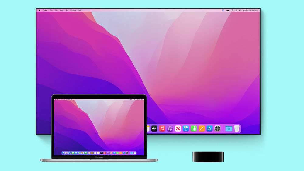 An image of a MacBook Pro, and HDTV and Apple TV on a blue background