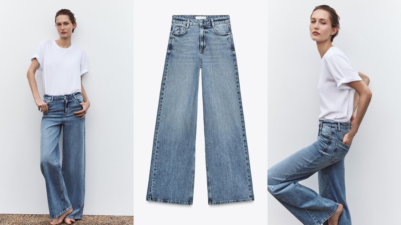 Model wearing Zara wide leg jeans with a white tshirt