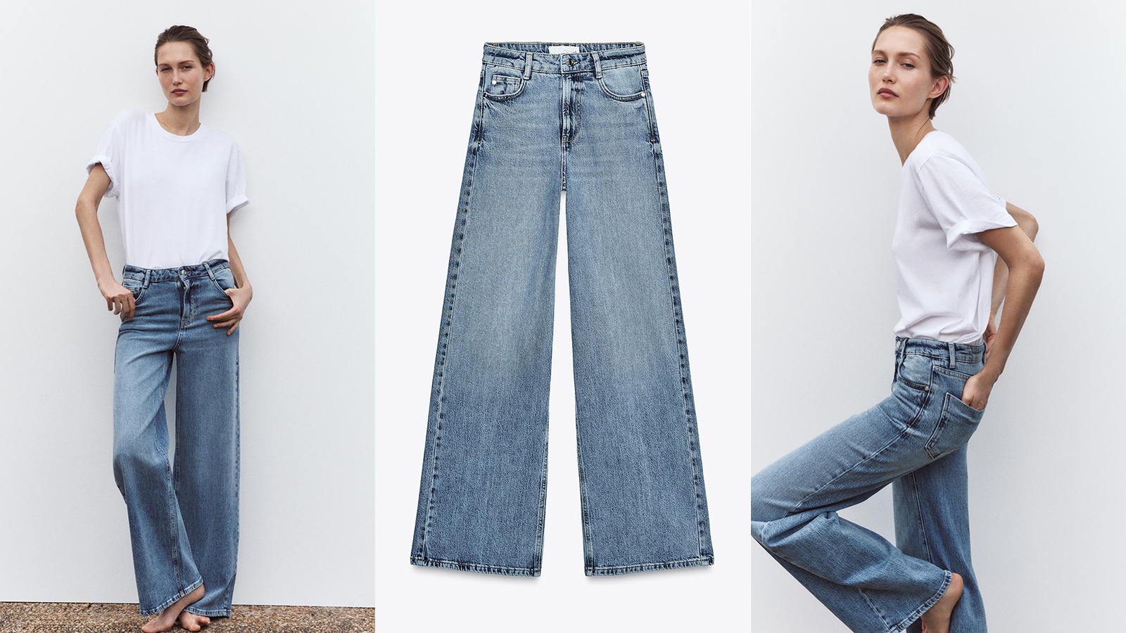 Model wearing Zara wide leg jeans with a white tshirt