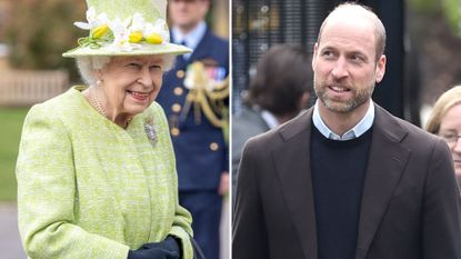 A composite of a picture of Queen Elizabeth in 2021 and a picture of Prince William in 2026