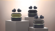 Promotional image of the three models of LG xboom Buds: Buds, Buds Lite and Buds Plus. All three are on top of pedestals in moody lighting.