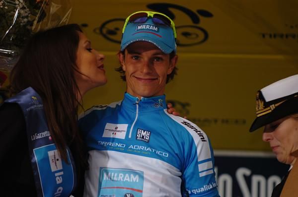 Overall race leader Linus Gerdemann (Team Milram) on the podium