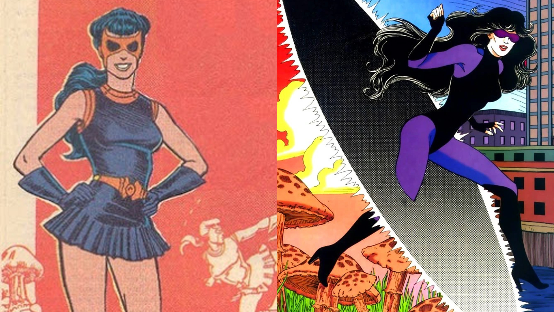 Nightshade in her original Charlton Comics appearance alongside the updated DC Nightshade