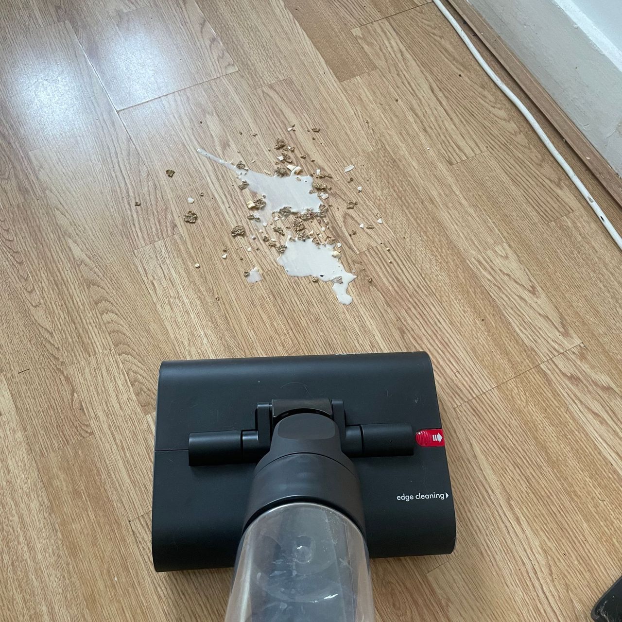 Laminate flooring with milk and muesli on it