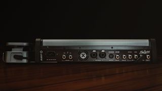 The AMP X has a Dynamic IR stereo speaker emulation/recording output, two speaker outputs, line output, headphone jack, effects loop, MIDI In/Out, and two expression-pedal inputs