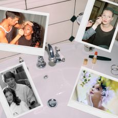 nostalgic beauty collage overlayed on a sink with makeup products