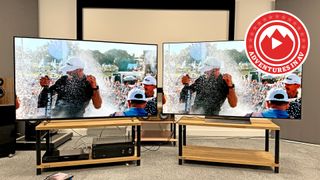 Sony A80L TV (left) LG C4 (right) with a man spraying champagne on screen