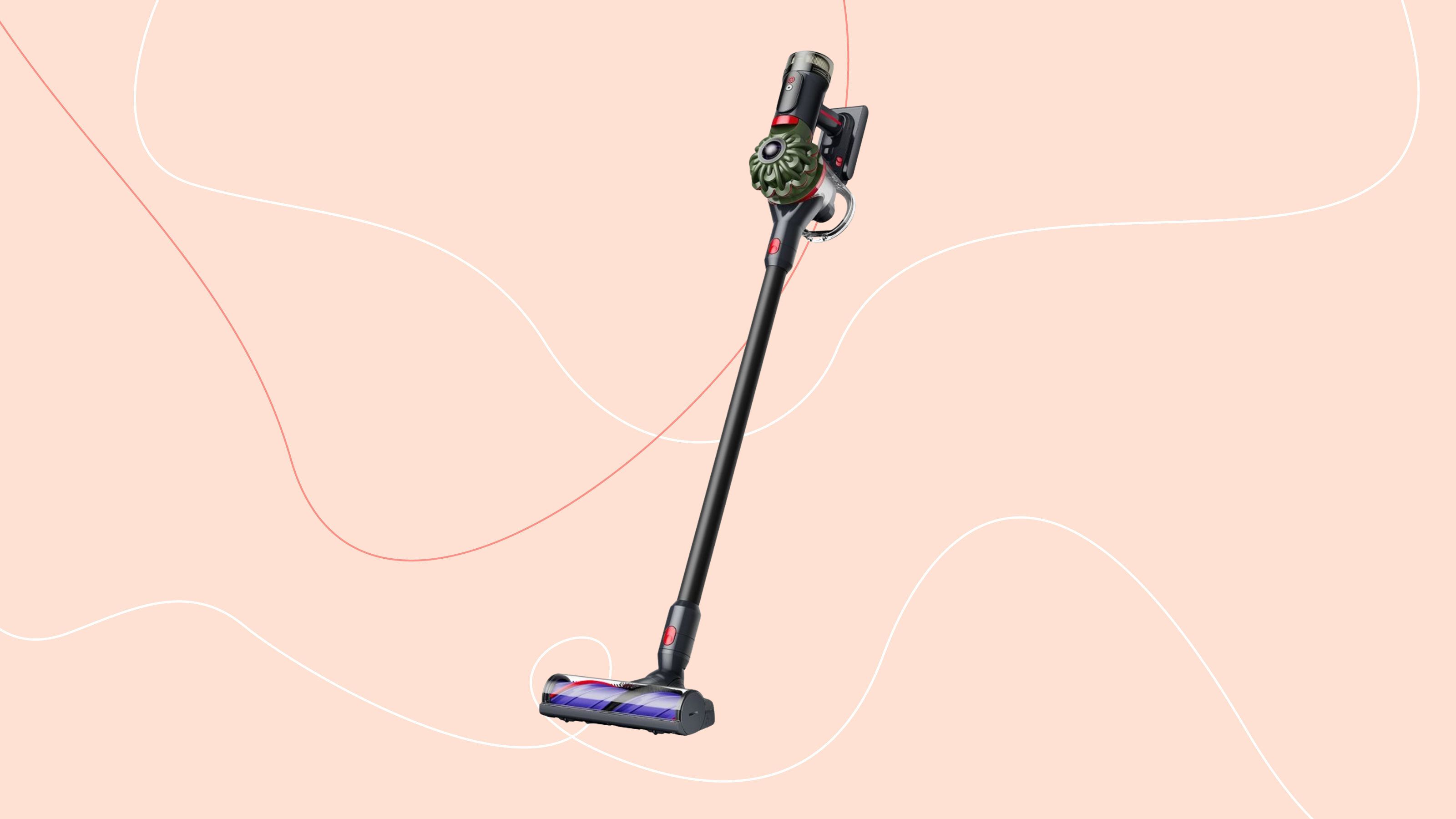 Dyson V8 Cyclone on a pink background