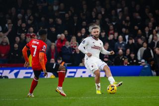 Luke Shaw of Manchester United in action during the Premier League match between Luton Town and Manchester United at Kenilworth Road on February 18, 2024 in Luton, United Kingdom. (Photo by Ash Donelon/Manchester United via Getty Images)