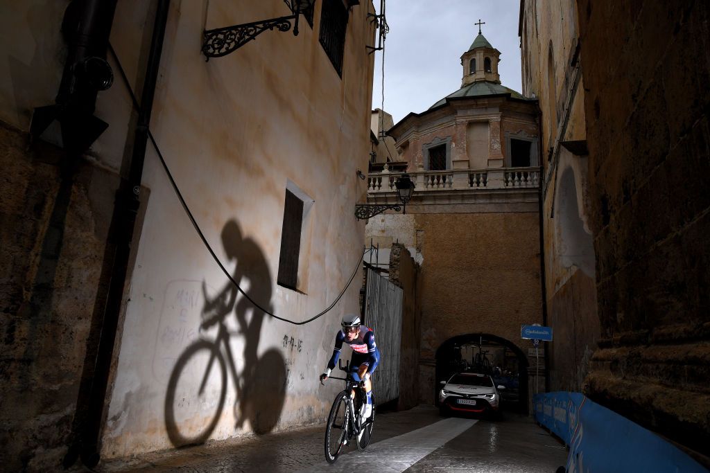 PALERMO ITALY OCTOBER 03 Giulio Ciccone of Italy and Team Trek Segafredo Duomo di Monreale Monte Caputo Cathedral Monreale City Shadow during the 103rd Giro dItalia 2020 Stage 1 a 151km Individual Time Trial stage from Monreale to Palermo ITT girodiitalia Giro on October 03 2020 in Palermo Italy Photo by Tim de WaeleGetty Images