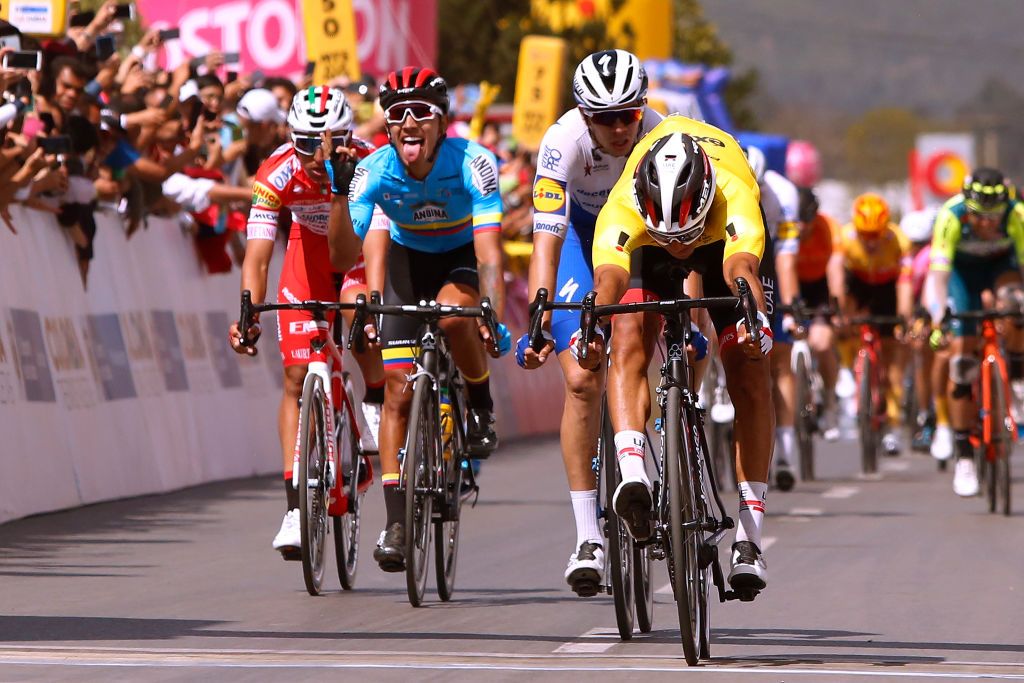Juan Sebastian Molano (UAE Team Emirates) in the yellow points jersey at Tour Colombia 2.1, wins stage 3