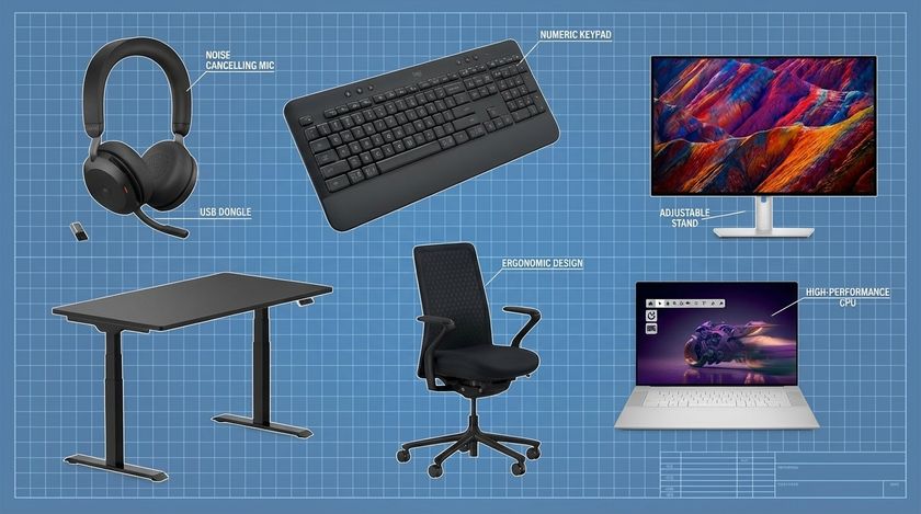 An office chair, standing desk, laptop, monitor, keyboard, and headset on a blueprint background with key specs for each product highlighted