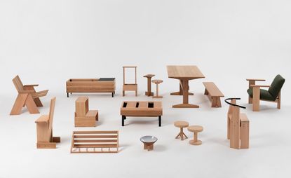 Group shot of wooden furniture including chairs, tables, benches and stools
