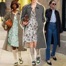 A collage of three photos, two from Miu Miu's F/W 25 show showing models wearing plaid car coats with floral dresses, and one of Eliza Huber wearing a brown FFORME car coat with jeans.