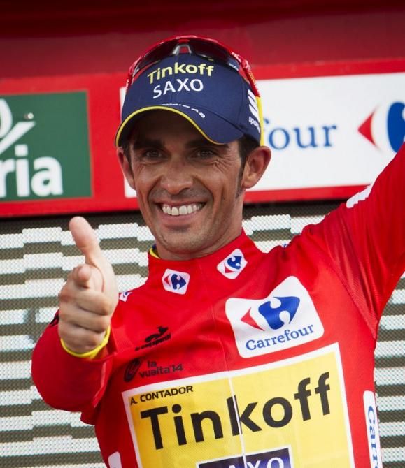 Alberto Contador (Tinkoff-Saxo) on the podium at the Vuelta