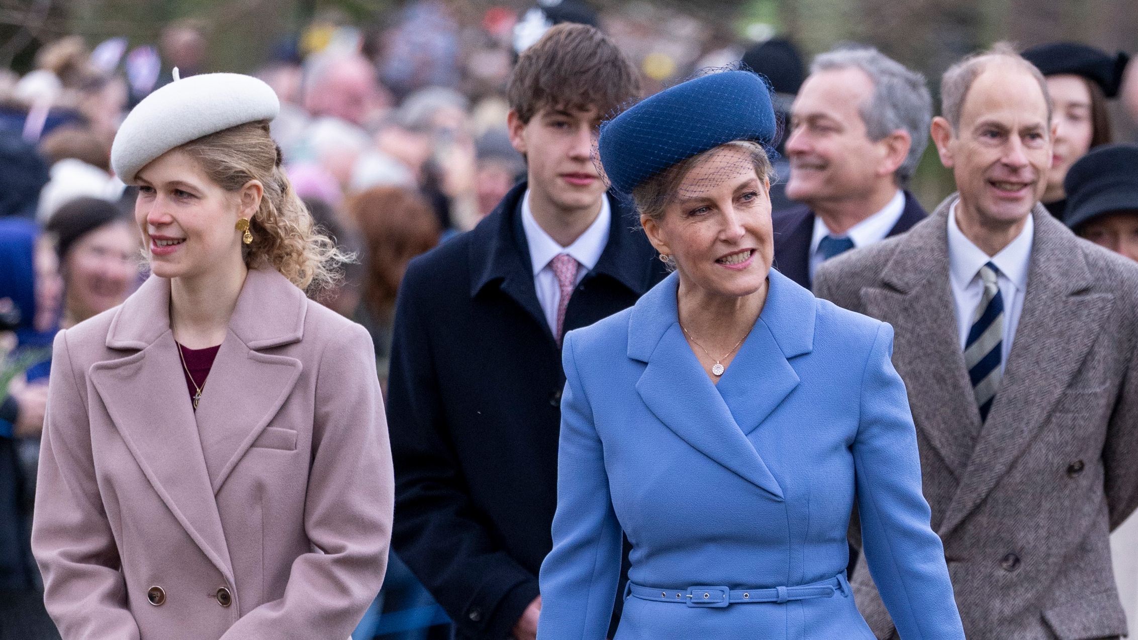 Lady Louise Windsor and Sophie, Duchess of Edinburgh attend the Christmas Morning Service at St Mary Magdalene Church on December 25, 2024