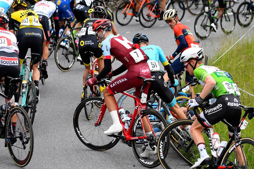 A crash slows some riders during stage 5 at Tour de Suisse