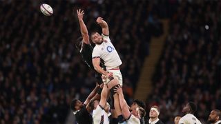 England&#039;s George Martin jumps for the ball during a lineout in the November 2024 game against New Zealand