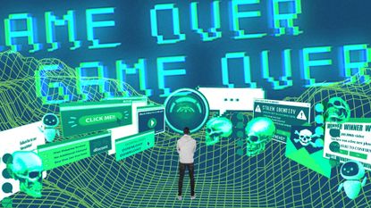 Photo collage of a man standing with his back to the camera in a digital, low-poly landscape. He is small in the frame, and is surrounded by icons representing ads, bots, malware and AI. Above, in the digital sky, a glitchy signal reads, &#039;game over&#039;. 