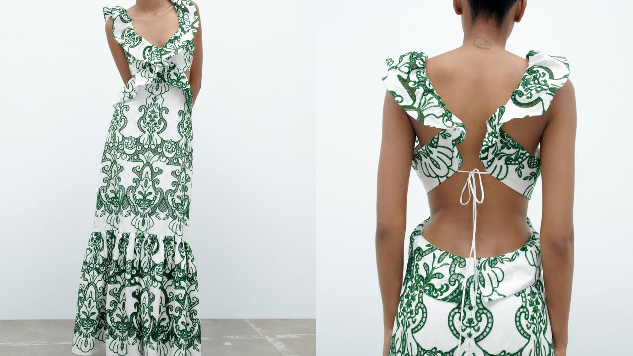 composite of model wearing a green and white ruffled dress
