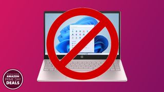 A no-entry sign over a cheap HP laptop signifying you shouldn't buy it on Prime Day.