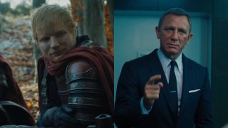 Ed Sheeran in Game of Thrones and Daniel Craig in No Time To Die, pictured side by side. 