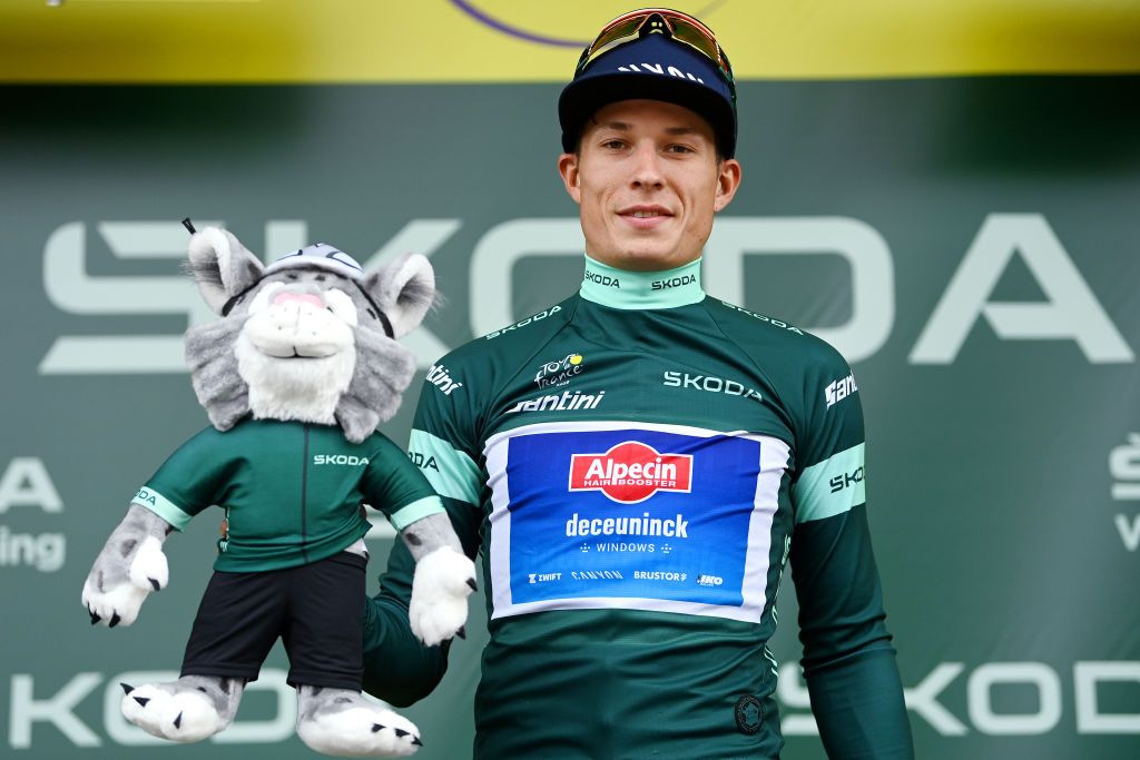 MOULINS FRANCE JULY 12 Jasper Philipsen of Belgium and Team AlpecinDeceuninck Green Points Jersey celebrates at podium during the stage eleven of the 110th Tour de France 2023 a 1798km from ClermontFerrand to Moulins UCIWT on July 12 2023 in Moulins France Photo by Tim de WaeleGetty Images
