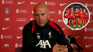 Arne Slot new head coach of Liverpool during his first press conference at AXA Training Centre on July 05, 2024 in Kirkby, England. (Photo by Andrew Powell/Liverpool FC via Getty Images)