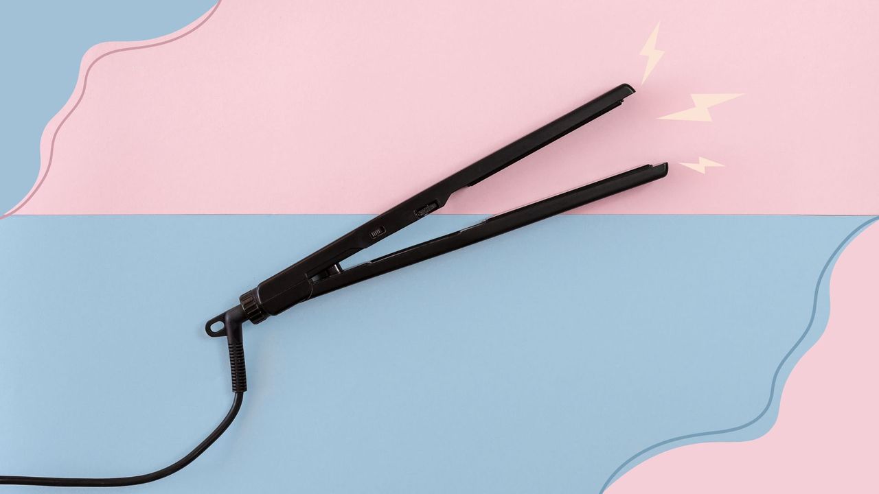 A pair of hair straighteners on a pink and blue backdrop with lightning bolts illustrated to demonstrate hair straightener uses