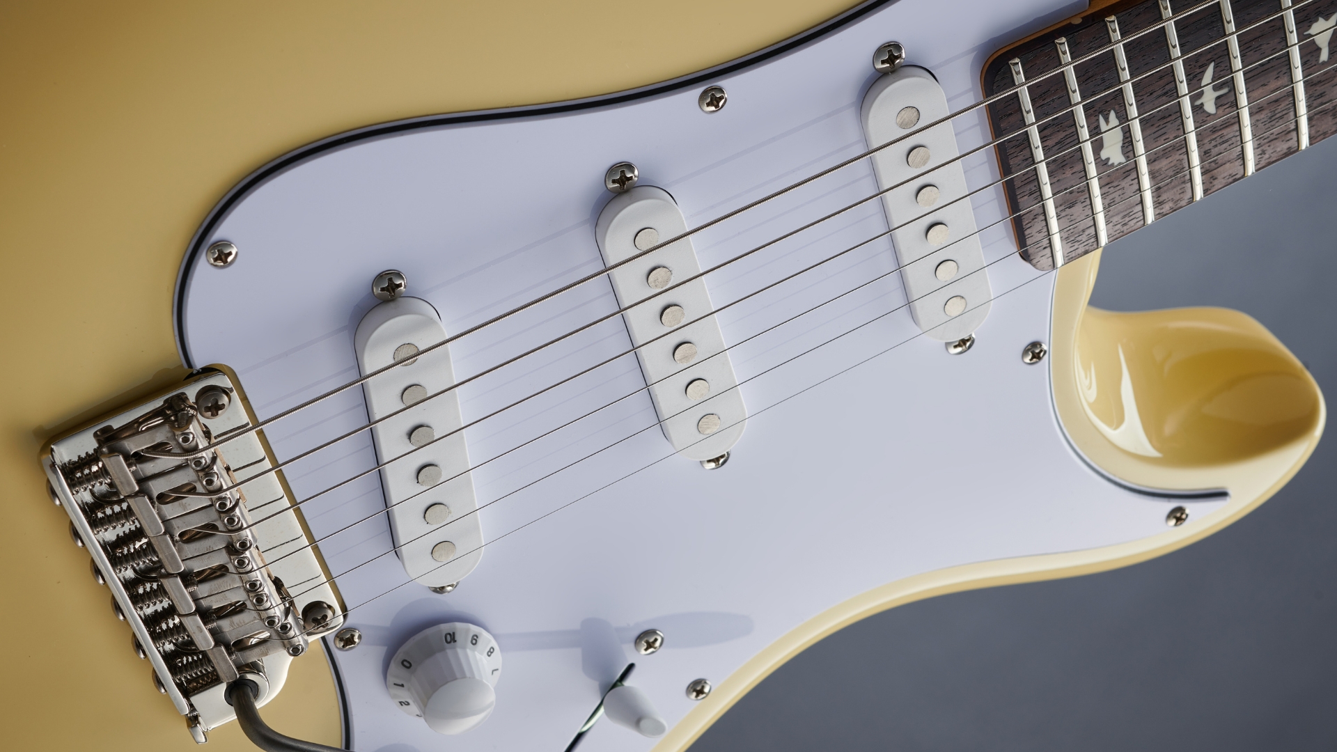 Close up of the pickups on a PRS SE Silver Sky