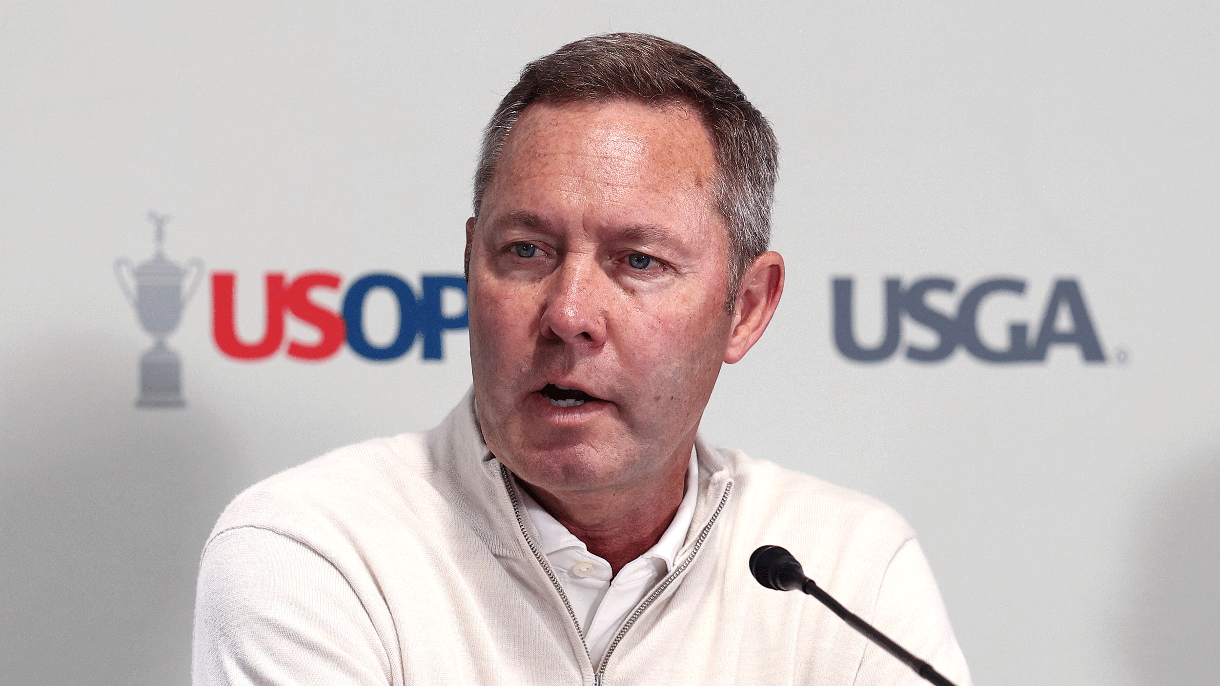 USGA CEO Mike Whan speaks at Shinnecock Hills during a USGA press conference