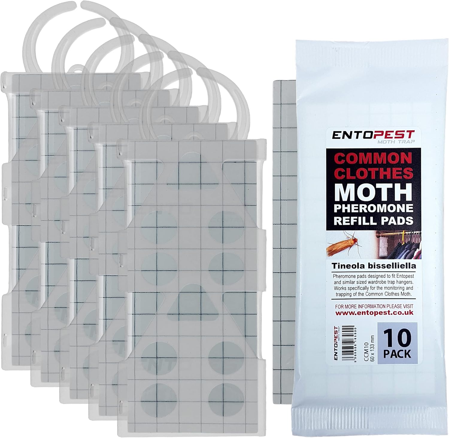 Entopest Monitoring Moth Traps | 10 Refill Pads &amp;amp; 5 Reusable Hangers | Clothes Moth Detection | Sticky Monitoring Pads for Wardrobes | Pheromone-Based Monitoring Only