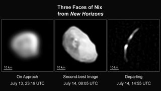 Pluto’s moon Nix, as viewed at three different times by NASA’s New Horizons spacecraft during its July 2015 flyby.