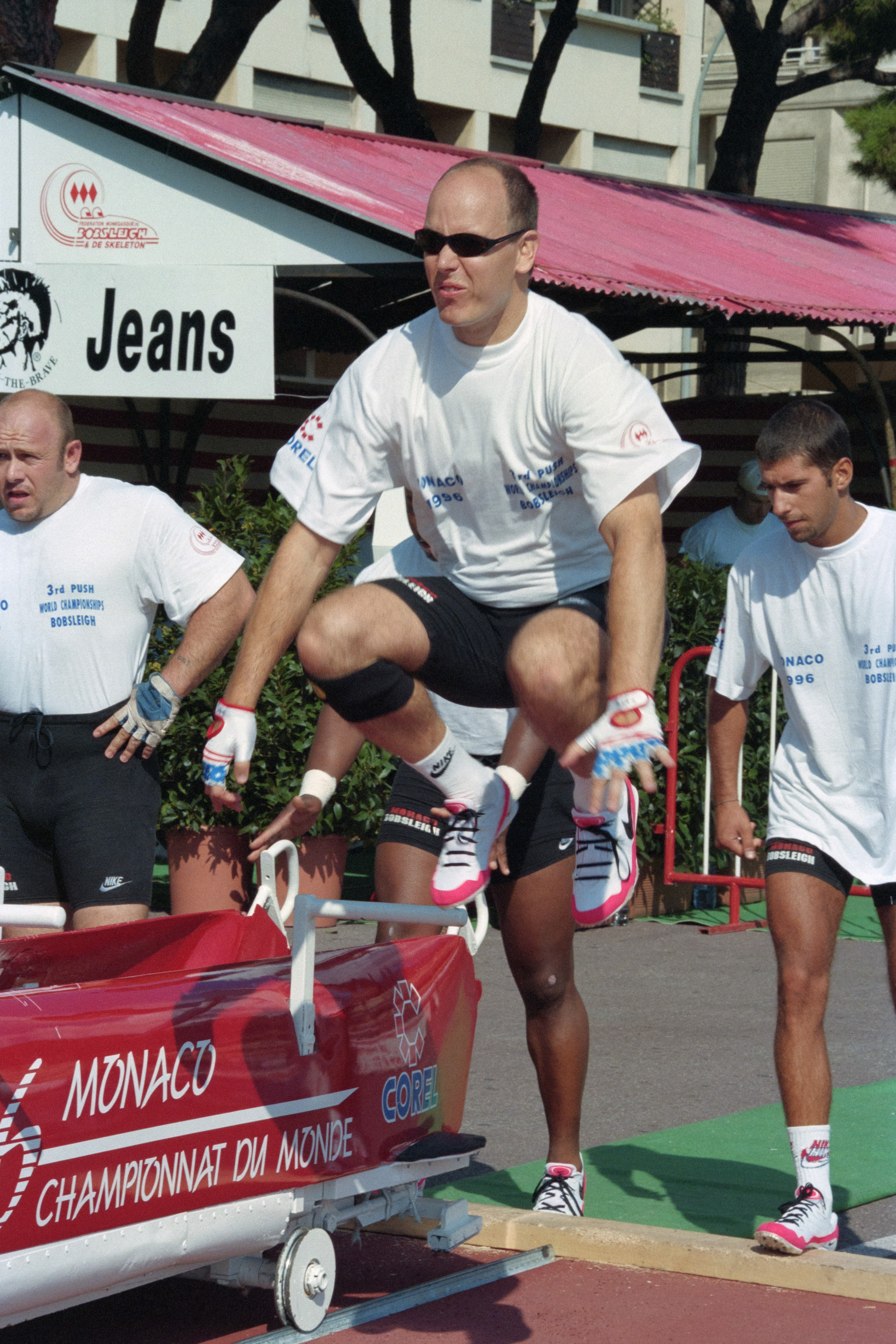 Albert of Monaco warms up before taking part, with the Monegasque four-man bobsleigh team, in the 3rd World Bobsleigh Push Championships, held in Monaco's harbour