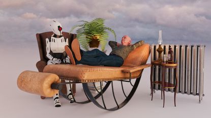 Man reclining on an oversized chair in a fantastical setting up in the clouds while a robot gives him therapy