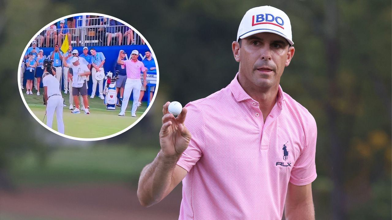 Billy Horschel fist-pumps Aaron Rai&#039;s winning birdie putt at the Wyndham Championship