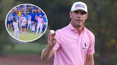 Billy Horschel fist-pumps Aaron Rai's winning birdie putt at the Wyndham Championship