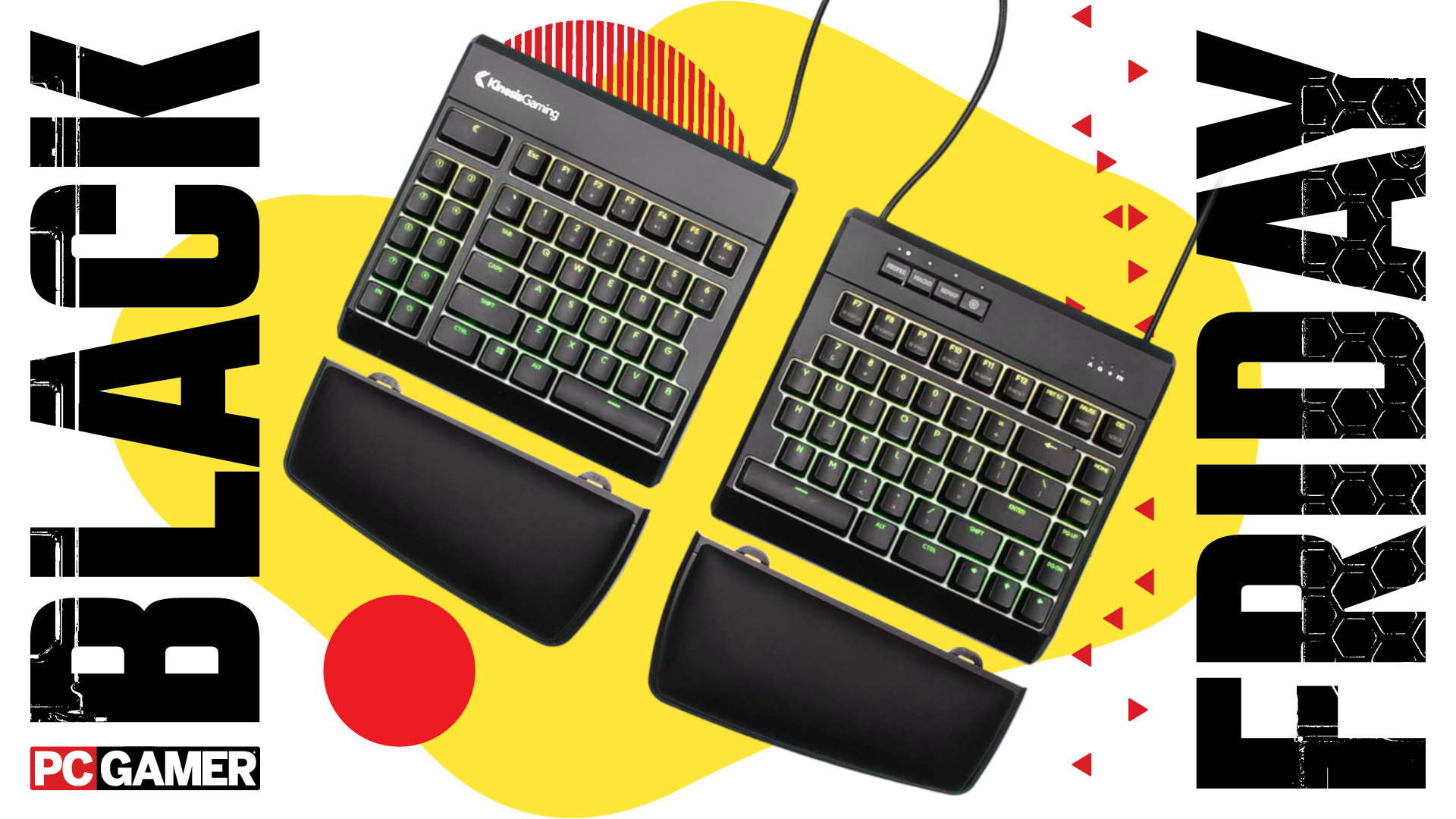 An image showing a Kinesis Gaming Freestyle Edge RGB ergonomic gaming keyboard against a colorful background, with a set of Black Friday and PC Gamer logos on the sides.
