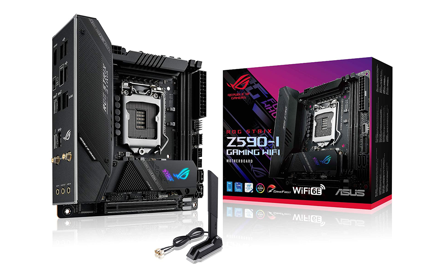 L'Asus ROG Strix Z590-I est un petit format qui arbore un design entièrement noir et des lignes maillées en diagonales.