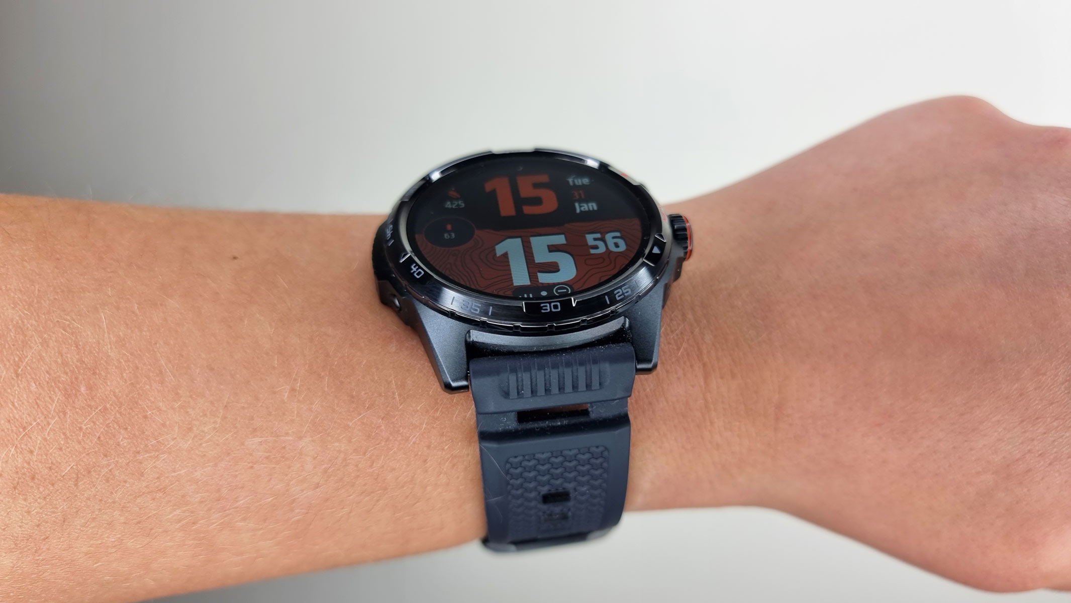 TicWatch Atlas smartwatch being worn by our reviewer, view from the top