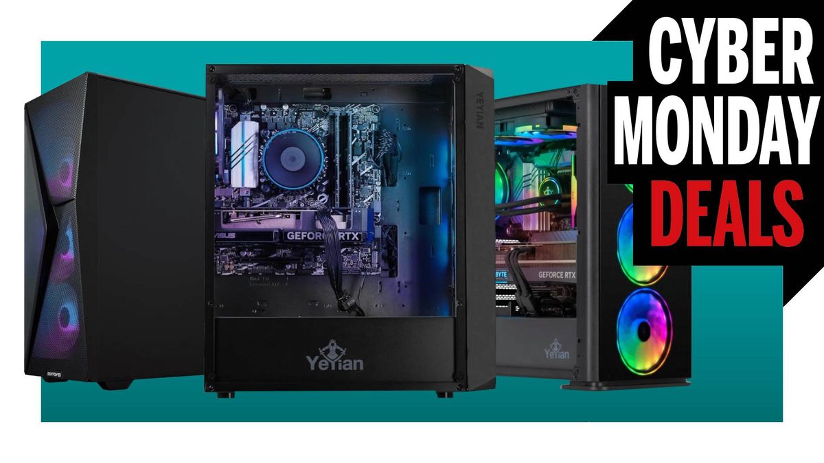 Three gaming PCs on a Cyber Monday deals background