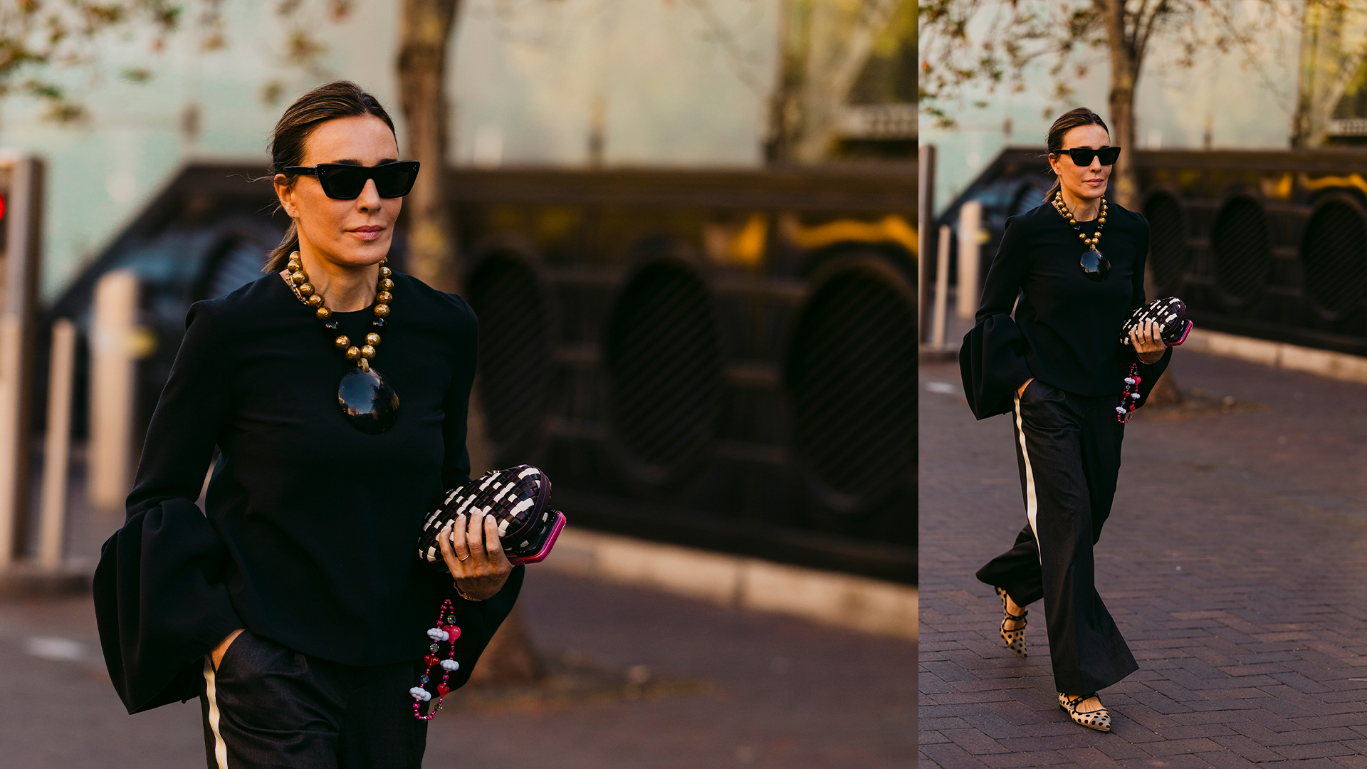 Woman wears black top and black track pants with printed heels. 