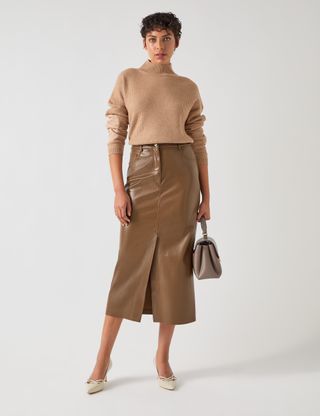 Leather Look Split Front Midi Pencil Skirt