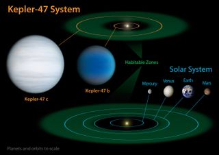 This illustration shows the orbits of the two alien planets circling two stars of Kepler-47, and the orbits of our own solar system planets for comparison.