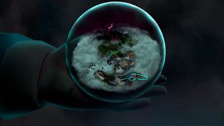 The Serpent Rogue screenshot featuring a hand holding a glass sphere with a world inside