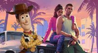 A composite image showing Woody from Pixar's Toy Story and key art from GTA VI