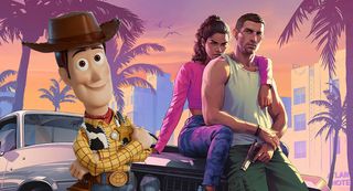 A composite image showing Woody from Pixar's Toy Story and key art from GTA VI