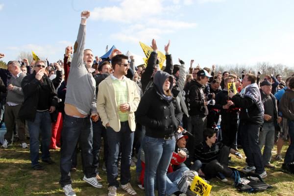 Belgian fans celebrate Tom Boonen's victory