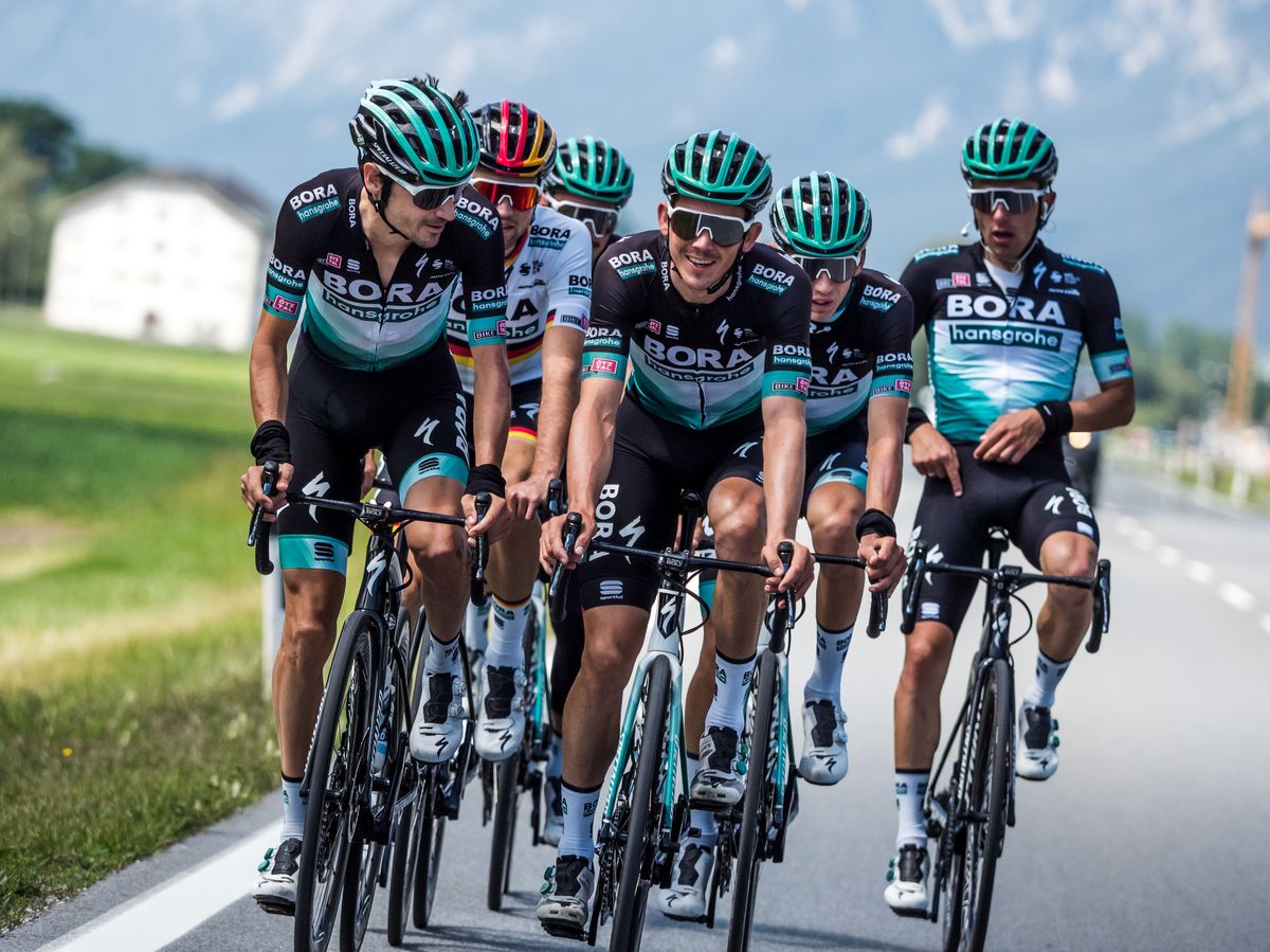 Emanuel Buchmann and Gregor M&uuml;hlberger lead Bora-Hansgrohe on a training ride.