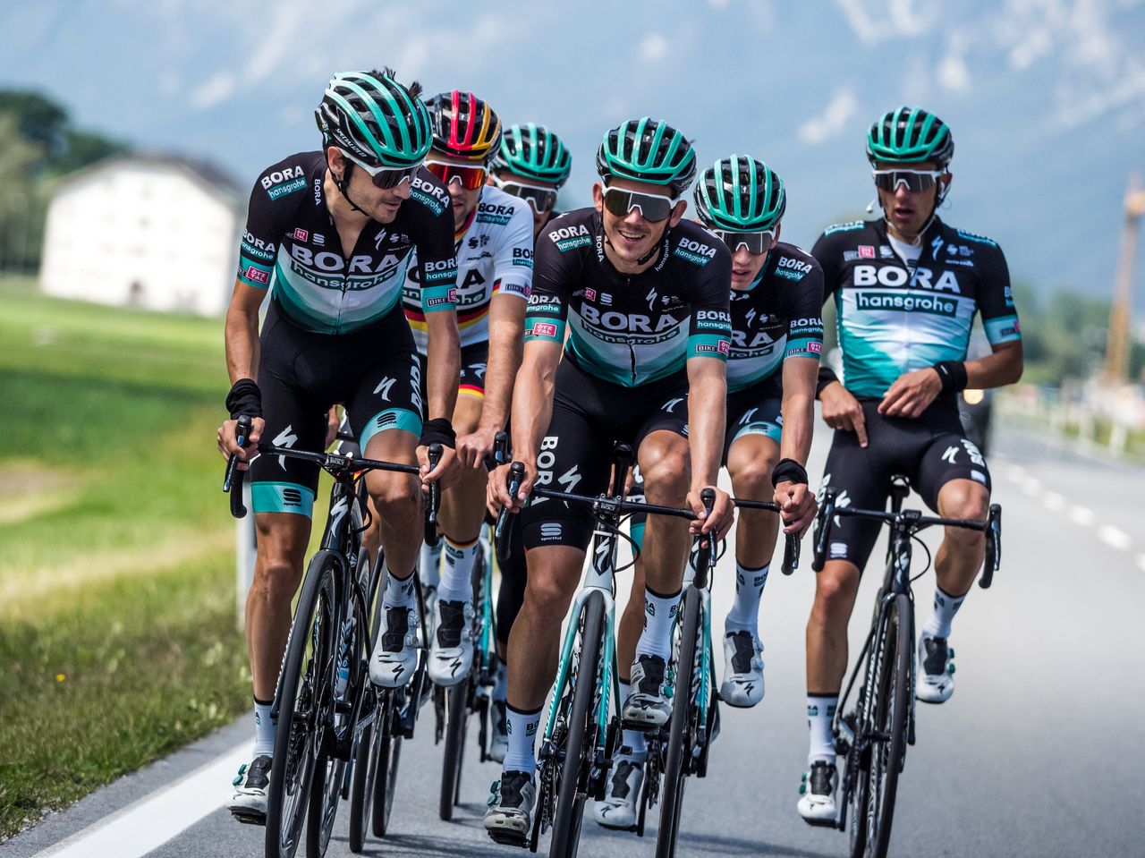 Emanuel Buchmann and Gregor M&uuml;hlberger lead Bora-Hansgrohe on a training ride.